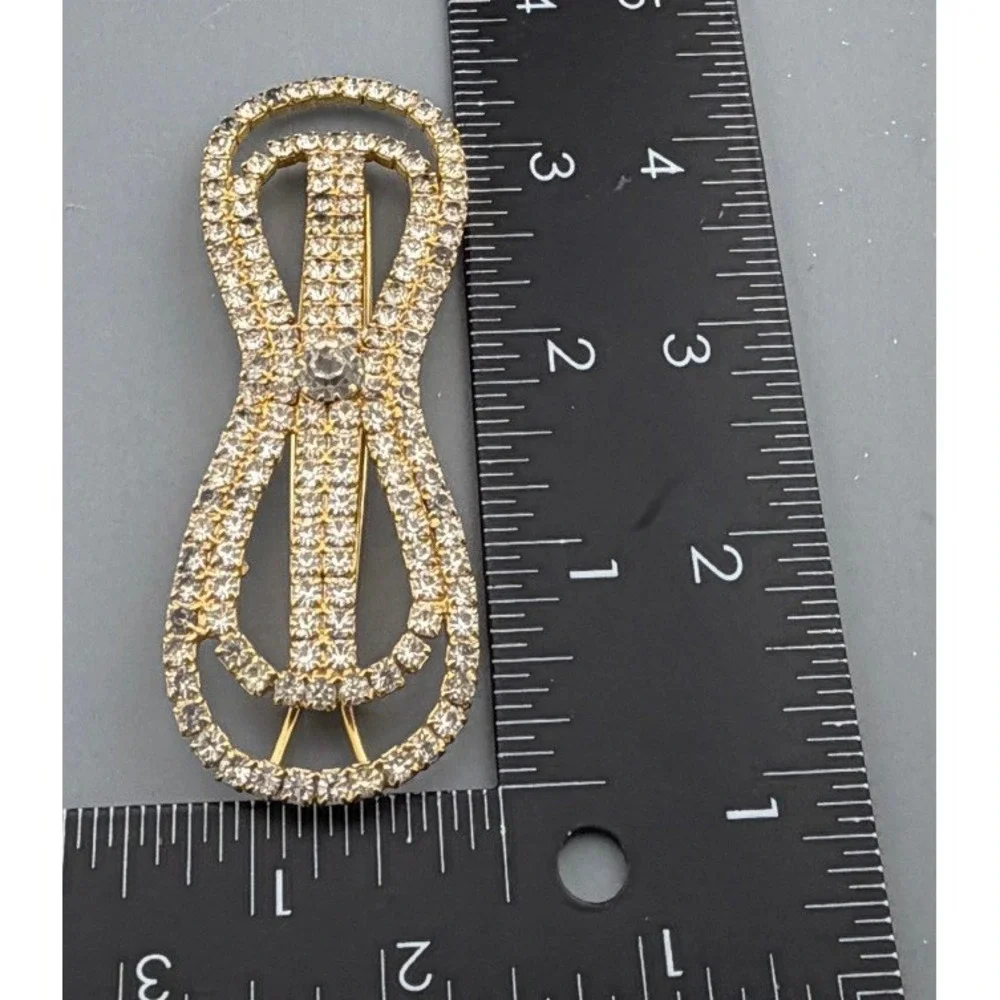 Vintage Hobe Rhinestone Bow Hair Barrette Gold Tone 3.5